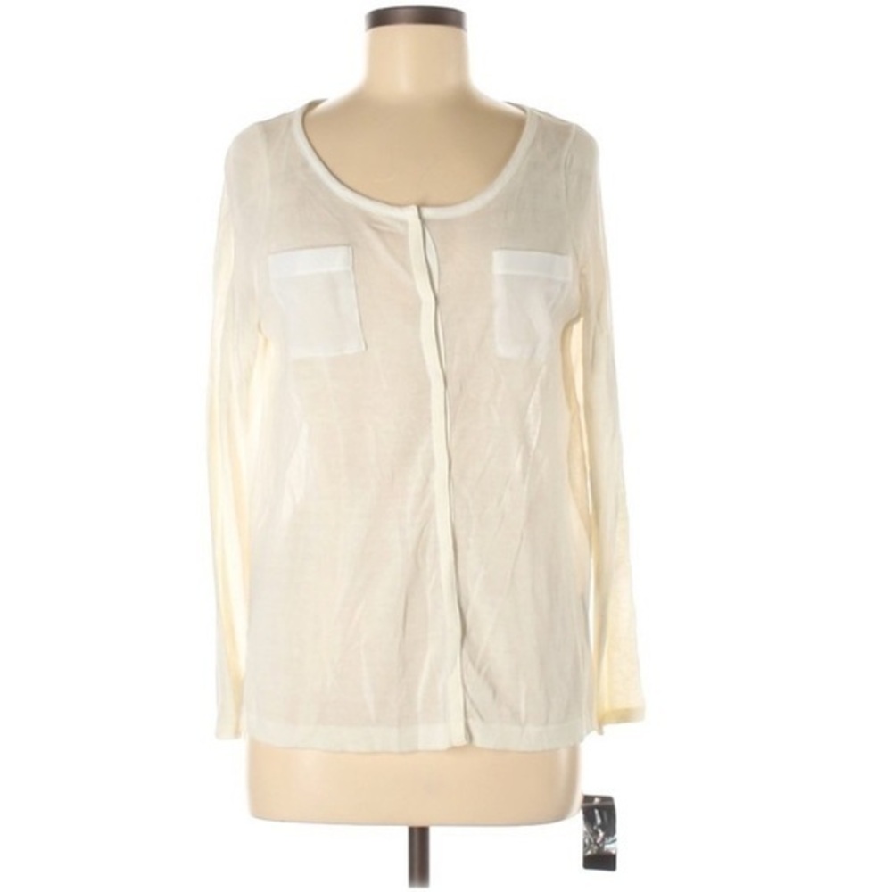 Fever sz M ivory knit & semi sheer chiffon snap up scoop neck long sleeve blouse